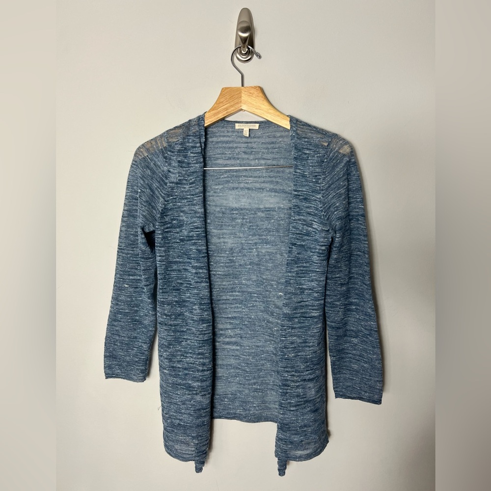 Eileen Fisher Lightweight Linen Blend Open Textured Cardigan Sweater Blue 78